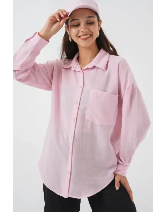 20153 Tek Cepli Oversize Keten Gömlek - A.Pudra