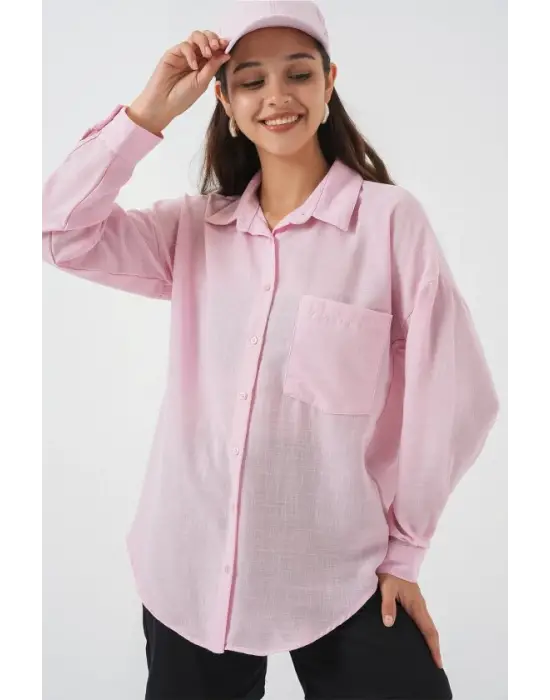 20153 Tek Cepli Oversize Keten Gömlek - A.Pudra