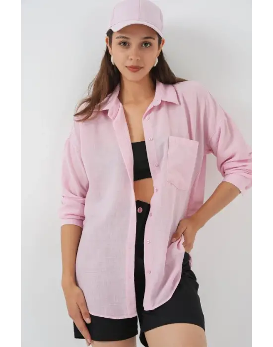 20153 Tek Cepli Oversize Keten Gömlek - A.Pudra