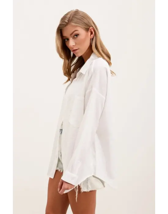 20153 Tek Cepli Oversize Keten Gömlek - Beyaz