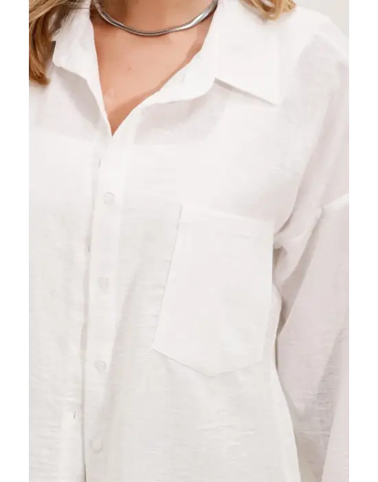 20153 Tek Cepli Oversize Keten Gömlek - Beyaz