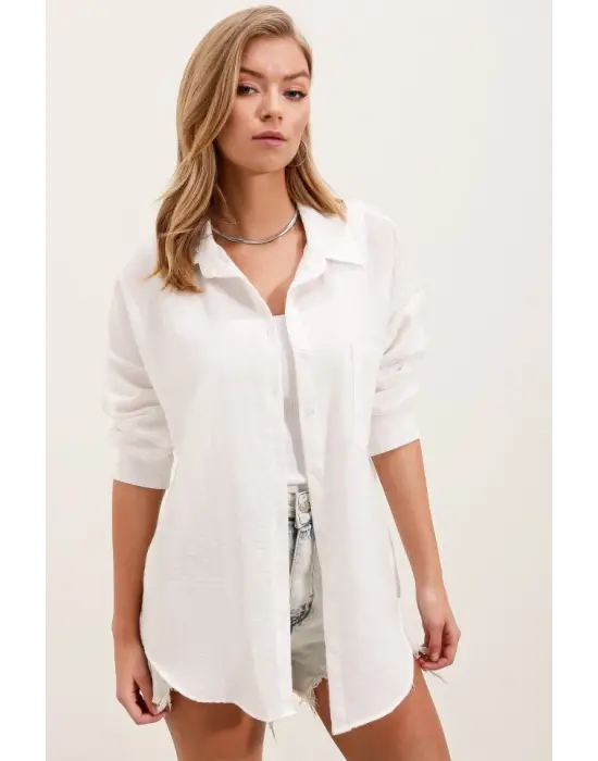 20153 Tek Cepli Oversize Keten Gömlek - Beyaz