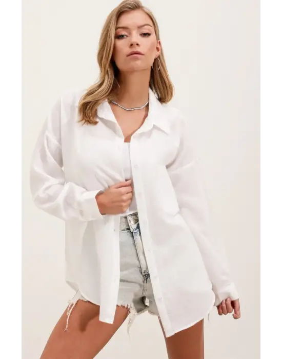 20153 Tek Cepli Oversize Keten Gömlek - Beyaz