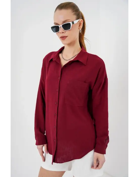 20153 Tek Cepli Oversize Keten Gömlek - Bordo