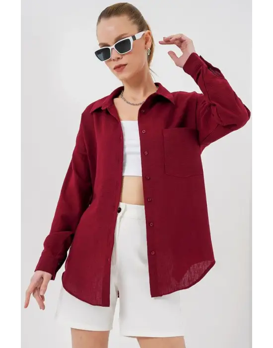 20153 Tek Cepli Oversize Keten Gömlek - Bordo