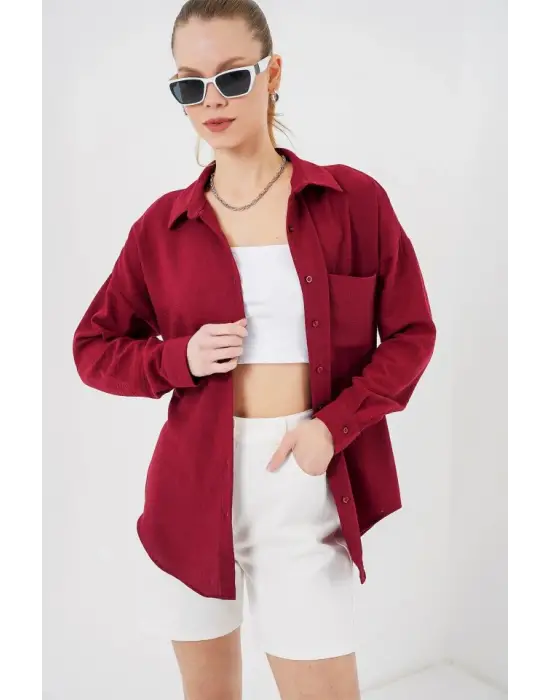 20153 Tek Cepli Oversize Keten Gömlek - Bordo