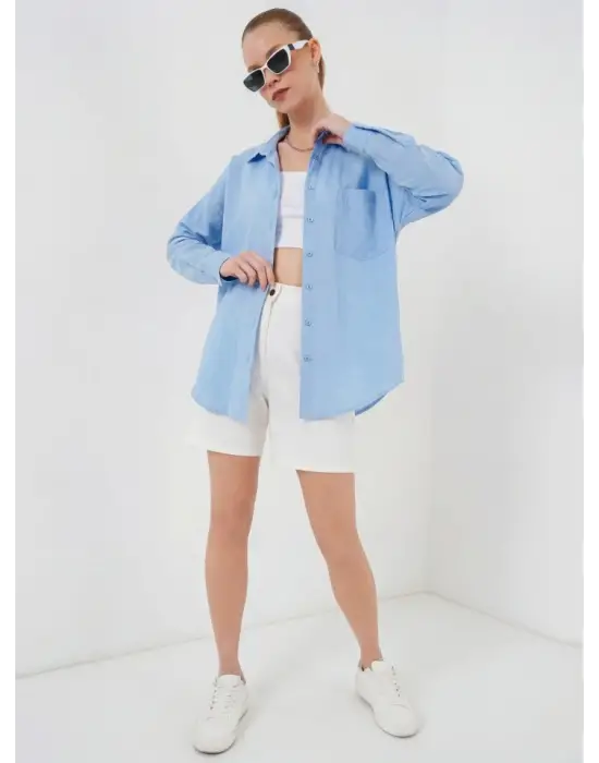 20153 Tek Cepli Oversize Keten Gömlek - Buz Mavi