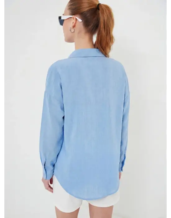 20153 Tek Cepli Oversize Keten Gömlek - Buz Mavi