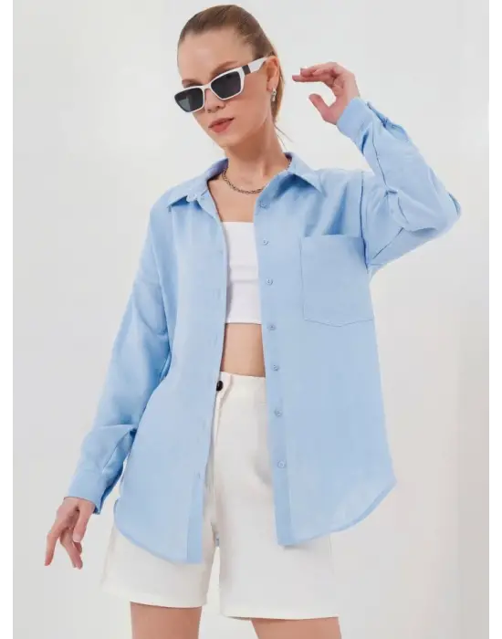 20153 Tek Cepli Oversize Keten Gömlek - Buz Mavi