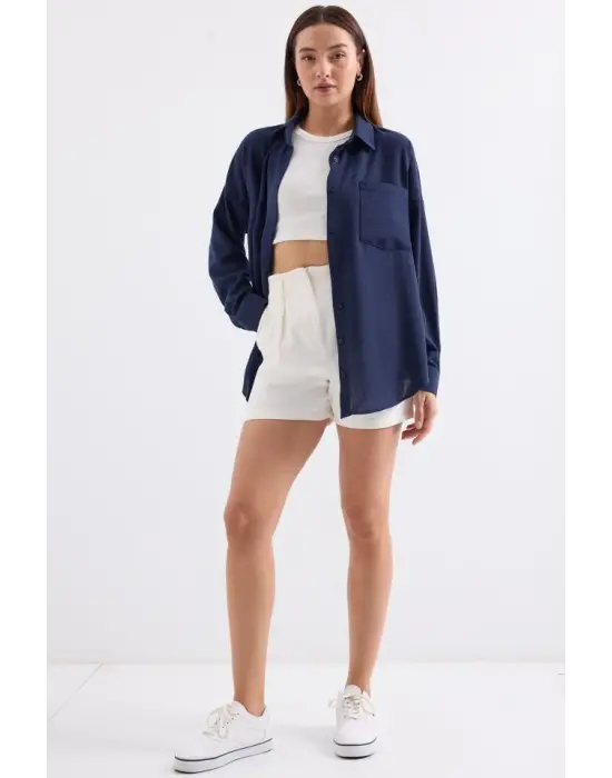 20153 Tek Cepli Oversize Keten Gömlek - D.Lacivert