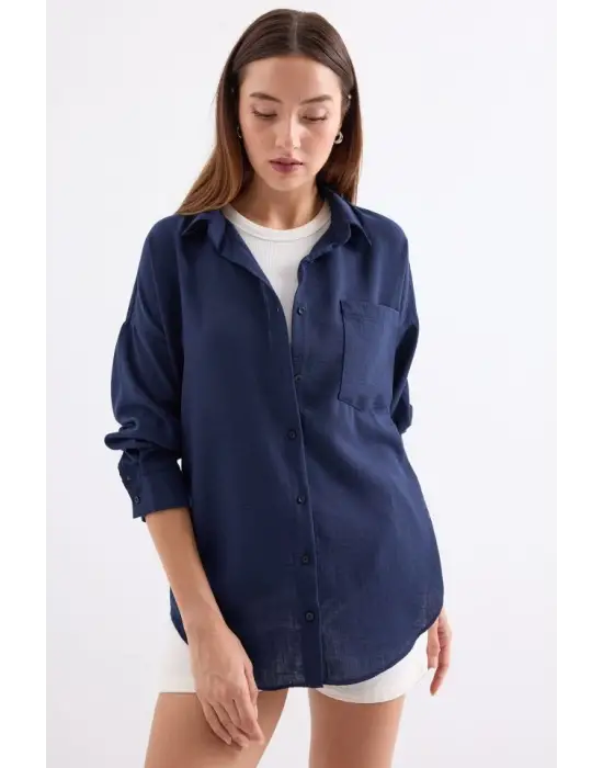 20153 Tek Cepli Oversize Keten Gömlek - D.Lacivert