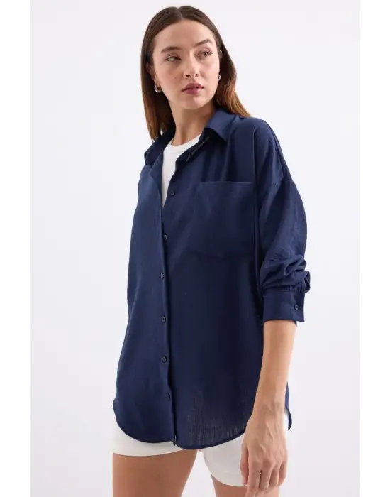 20153 Tek Cepli Oversize Keten Gömlek - D.Lacivert