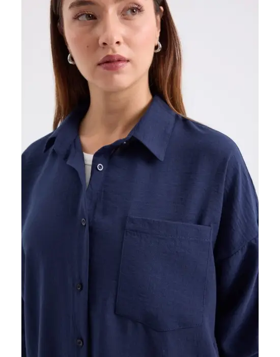 20153 Tek Cepli Oversize Keten Gömlek - D.Lacivert