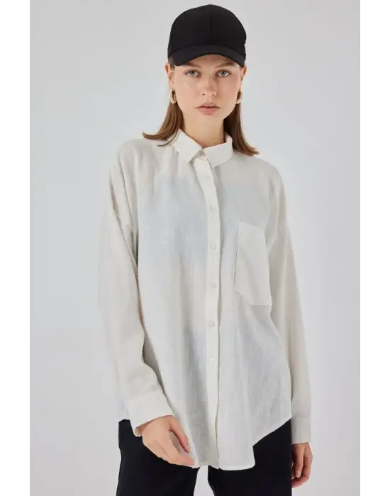 20153 Tek Cepli Oversize Keten Gömlek - Ekru