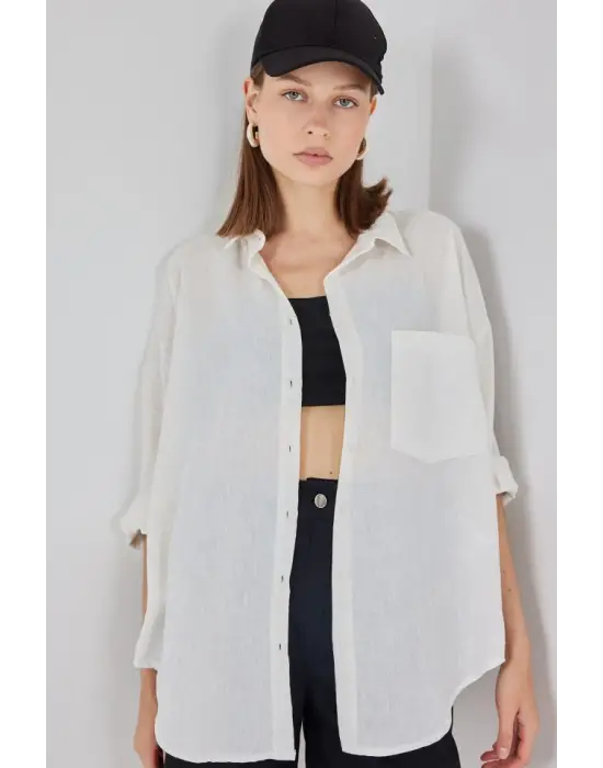 20153 Tek Cepli Oversize Keten Gömlek - Ekru