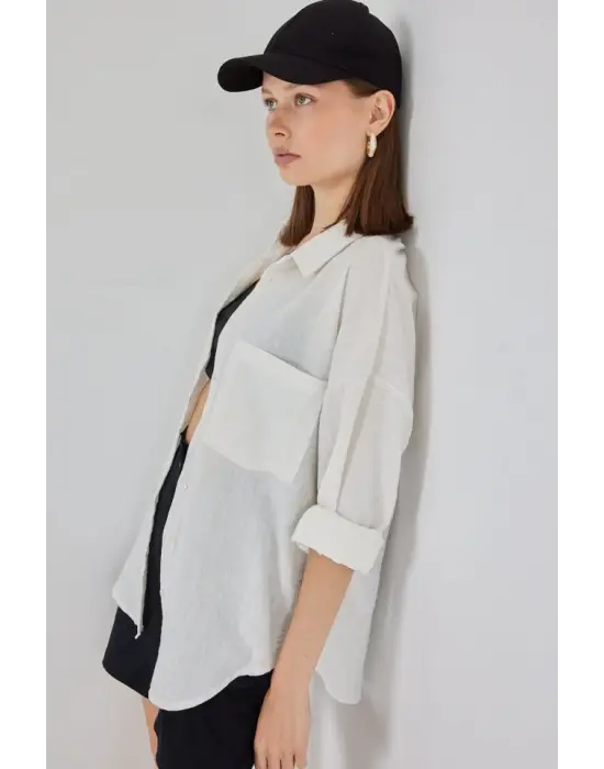 20153 Tek Cepli Oversize Keten Gömlek - Ekru