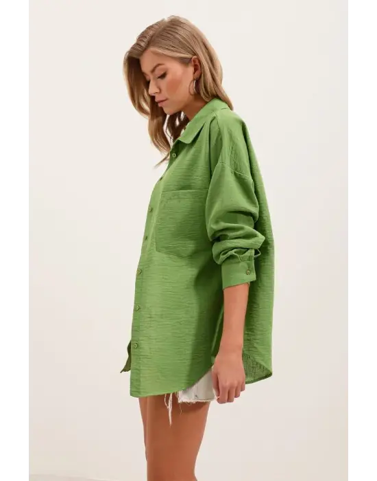 20153 Tek Cepli Oversize Keten Gömlek - E.Yeşil