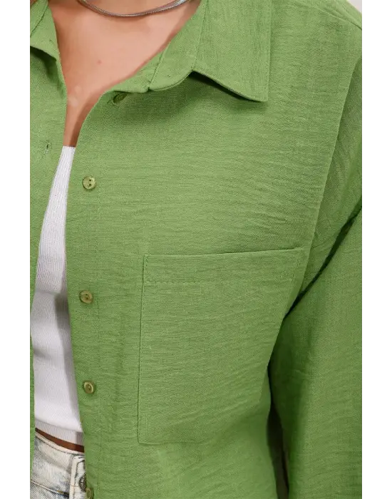20153 Tek Cepli Oversize Keten Gömlek - E.Yeşil