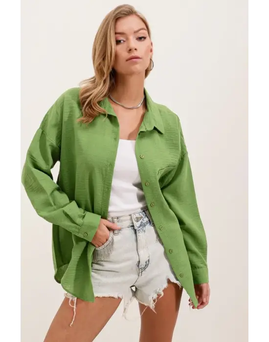 20153 Tek Cepli Oversize Keten Gömlek - E.Yeşil