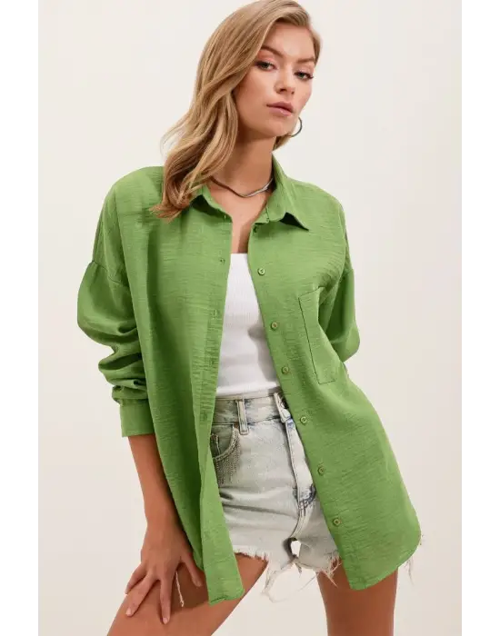 20153 Tek Cepli Oversize Keten Gömlek - E.Yeşil