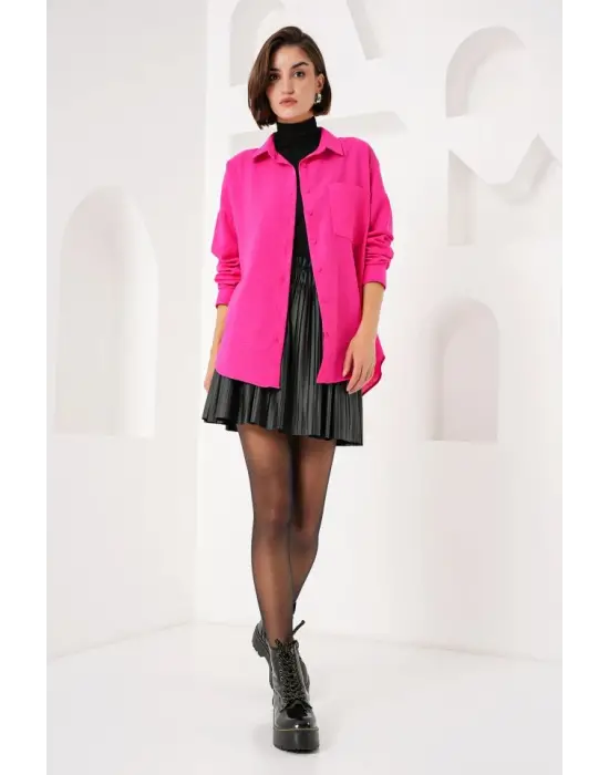 20153 Tek Cepli Oversize Keten Gömlek - Fuşya