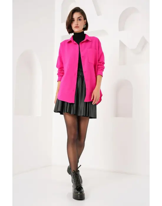 20153 Tek Cepli Oversize Keten Gömlek - Fuşya