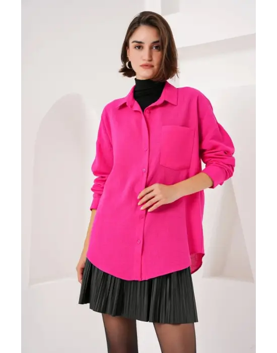 20153 Tek Cepli Oversize Keten Gömlek - Fuşya