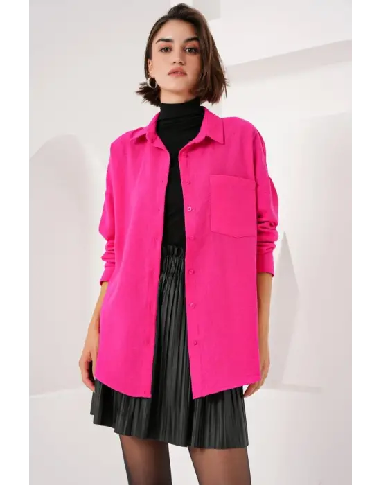 20153 Tek Cepli Oversize Keten Gömlek - Fuşya