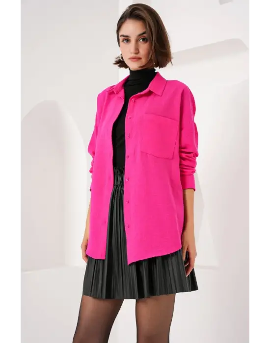 20153 Tek Cepli Oversize Keten Gömlek - Fuşya