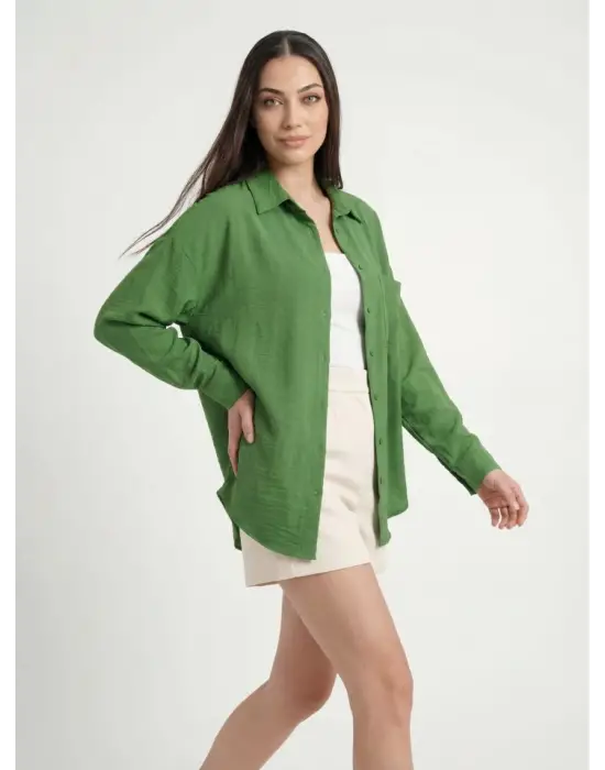 20153 Tek Cepli Oversize Keten Gömlek - G.Yeşil
