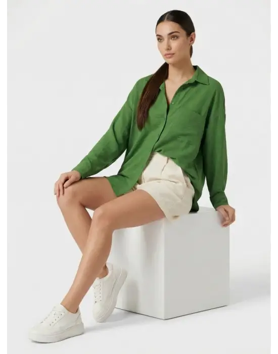 20153 Tek Cepli Oversize Keten Gömlek - G.Yeşil