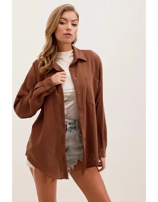 20153 Tek Cepli Oversize Keten Gömlek - Kahverengi
