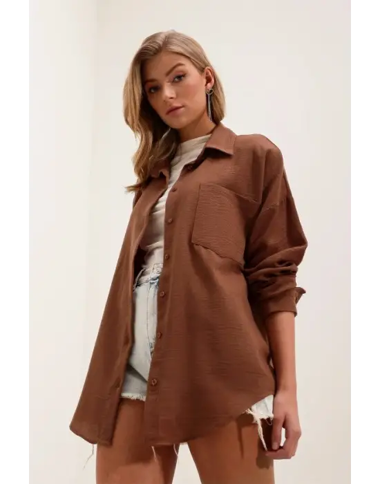 20153 Tek Cepli Oversize Keten Gömlek - Kahverengi
