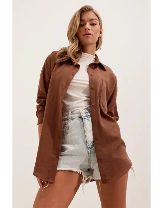 20153 Tek Cepli Oversize Keten Gömlek - Kahverengi