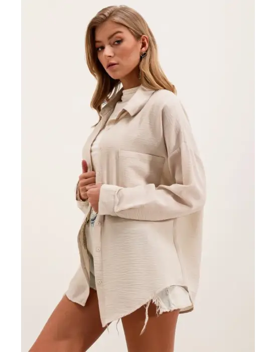 20153 Tek Cepli Oversize Keten Gömlek - Krem