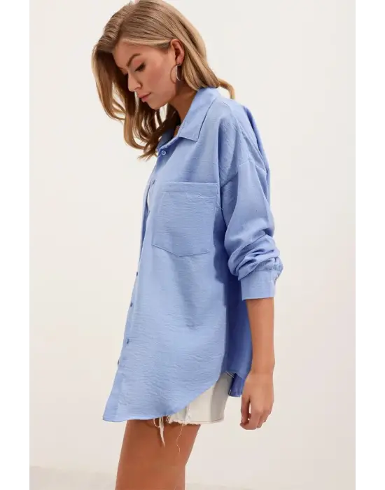 20153 Tek Cepli Oversize Keten Gömlek - Mavi