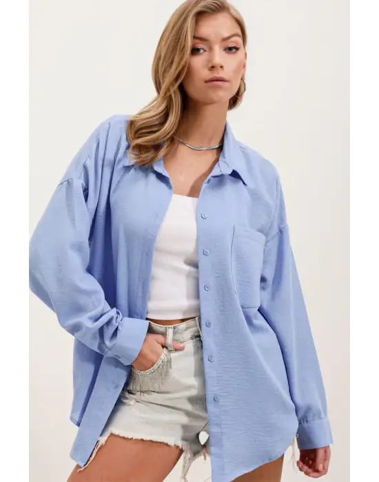 20153 Tek Cepli Oversize Keten Gömlek - Mavi