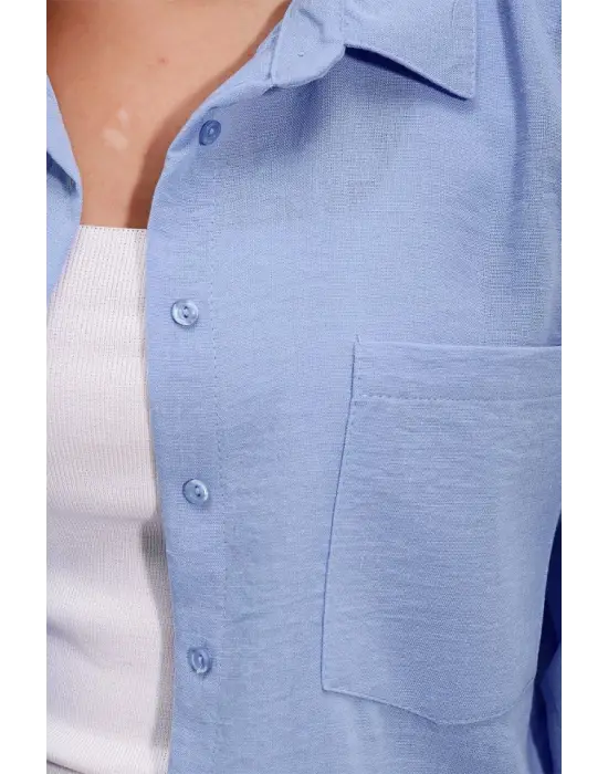 20153 Tek Cepli Oversize Keten Gömlek - Mavi