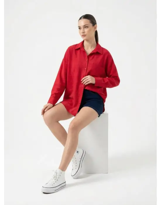 20153 Tek Cepli Oversize Keten Gömlek - Nar