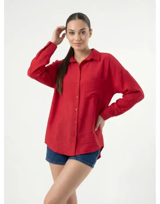 20153 Tek Cepli Oversize Keten Gömlek - Nar