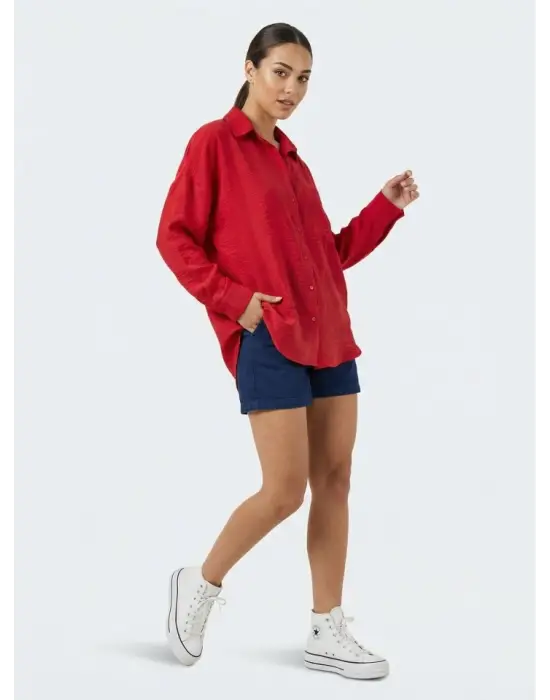 20153 Tek Cepli Oversize Keten Gömlek - Nar