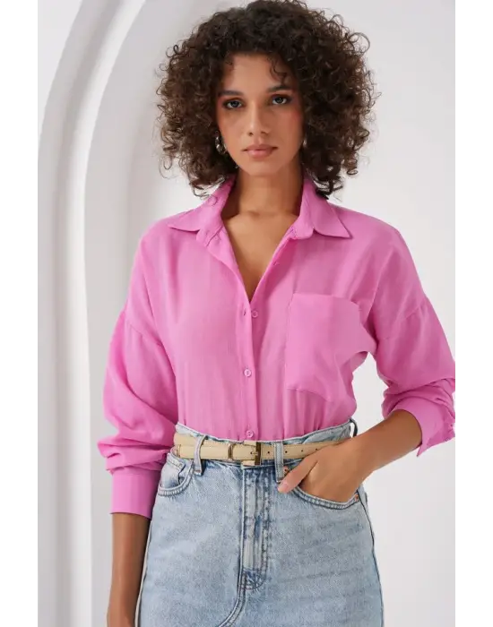 20153 Tek Cepli Oversize Keten Gömlek - Pembe