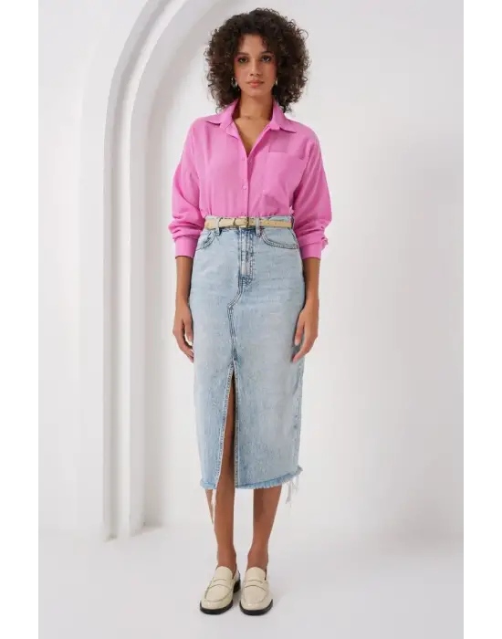 20153 Tek Cepli Oversize Keten Gömlek - Pembe