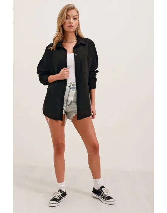 20153 Tek Cepli Oversize Keten Gömlek - Siyah