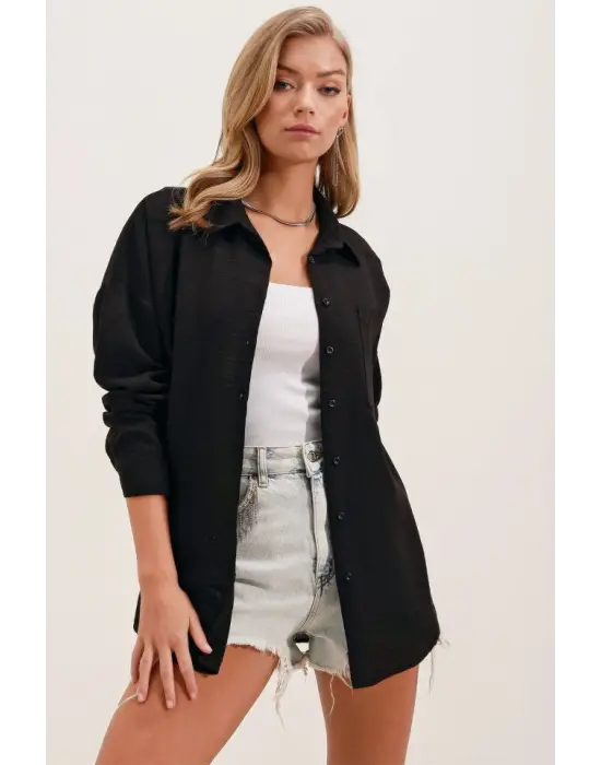 20153 Tek Cepli Oversize Keten Gömlek - Siyah