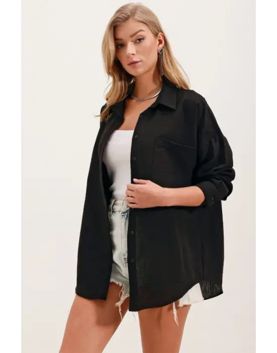 20153 Tek Cepli Oversize Keten Gömlek - Siyah