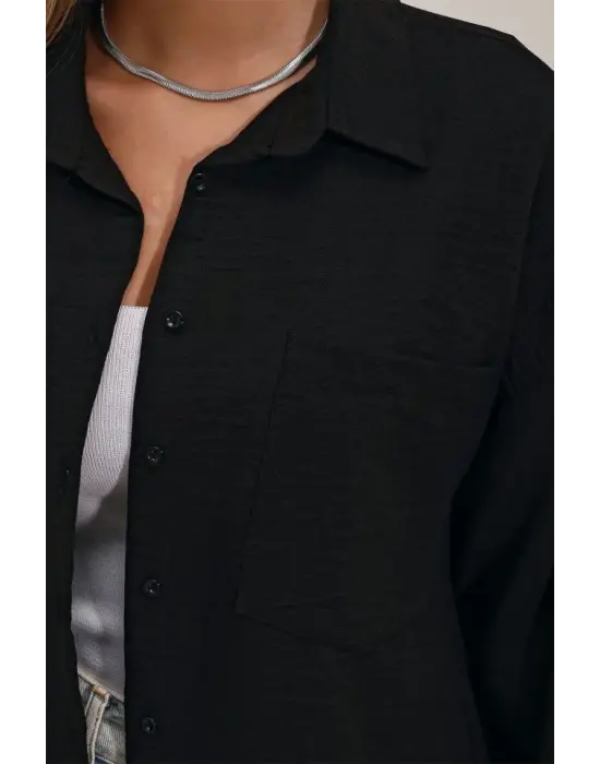 20153 Tek Cepli Oversize Keten Gömlek - Siyah
