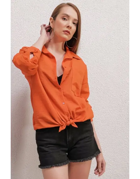 20153 Tek Cepli Oversize Keten Gömlek - Turuncu