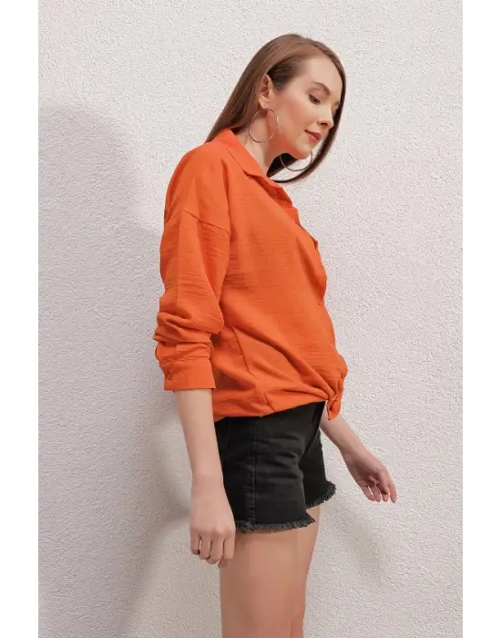 20153 Tek Cepli Oversize Keten Gömlek - Turuncu