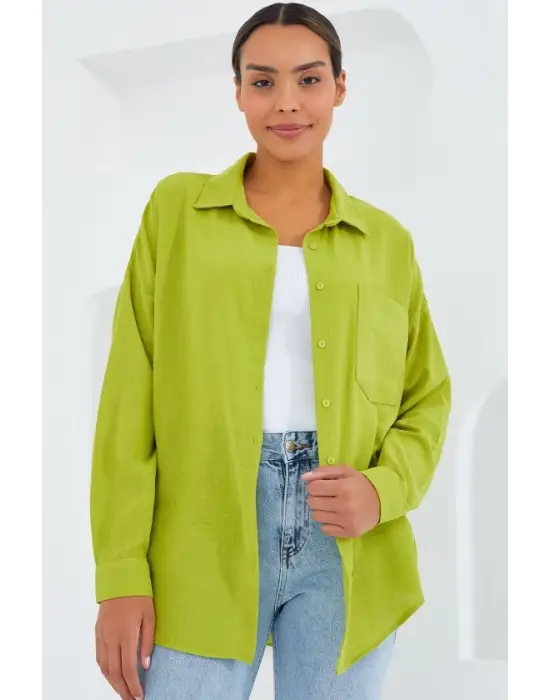 20153 Tek Cepli Oversize Keten Gömlek - Yağ Yeşil